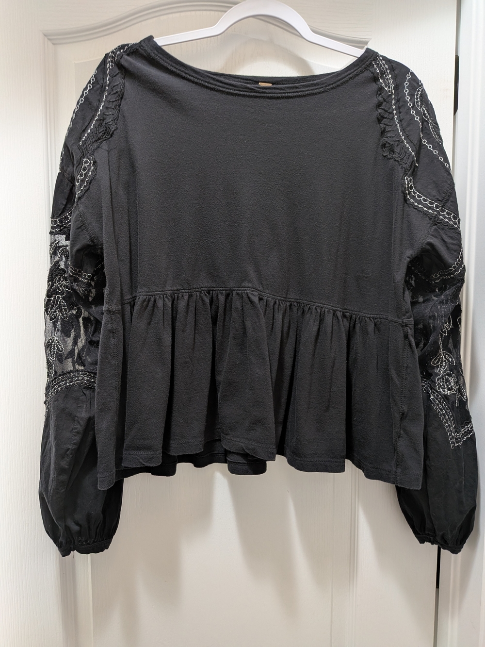 Free People Black Embroidered Peplum Blouse